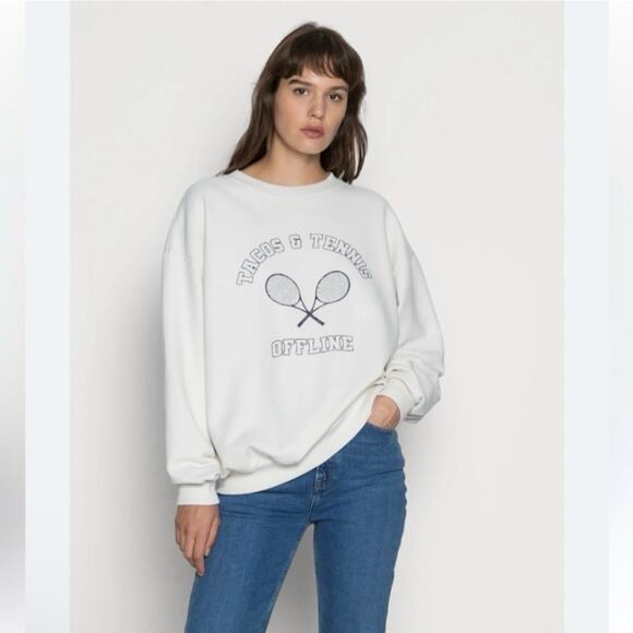 Aerie Offline Terry Sweatshirt Oversized Crew Tacos and Tennis Size Medium Cream - Picture 2 of 16